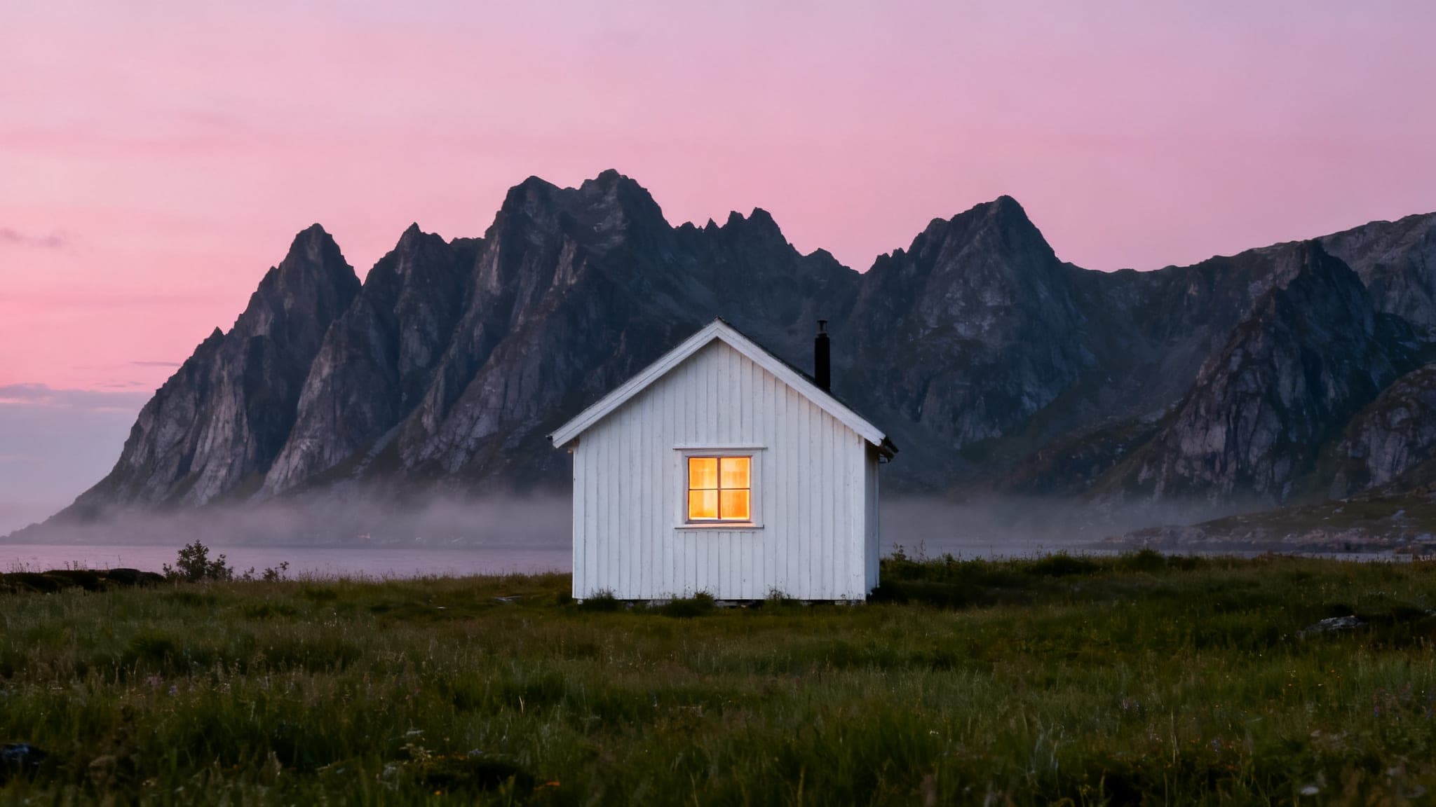Senja-landskap med hytte under kveldssol