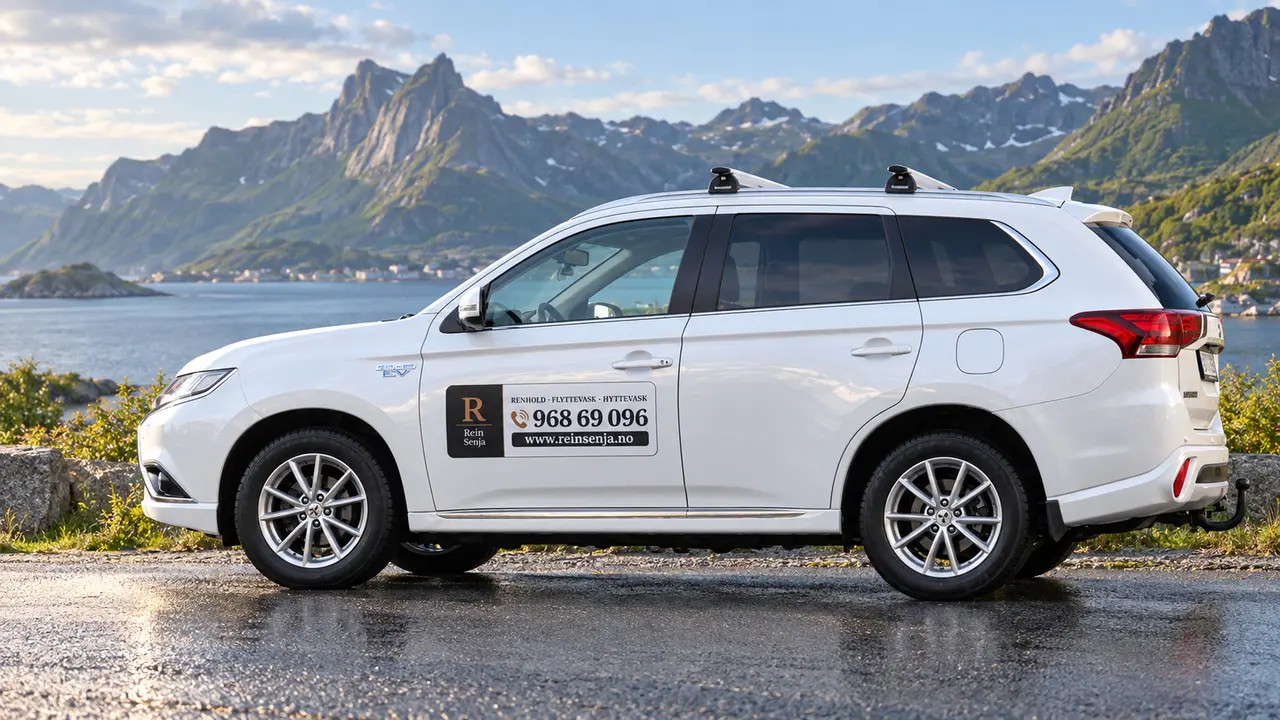 Rein Senja sin firmabil ved fjorden på Senja